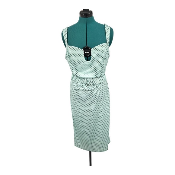 ASOS DESIGN CAMI CUPPED MIDI DRESS WITH RUCHED BELT IN MINT & BLACK DOT NWT - Picture 4 of 8